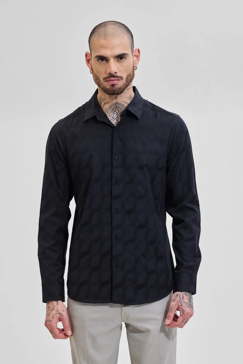 SNITCH Black Self-Design Slim Fit Shirt